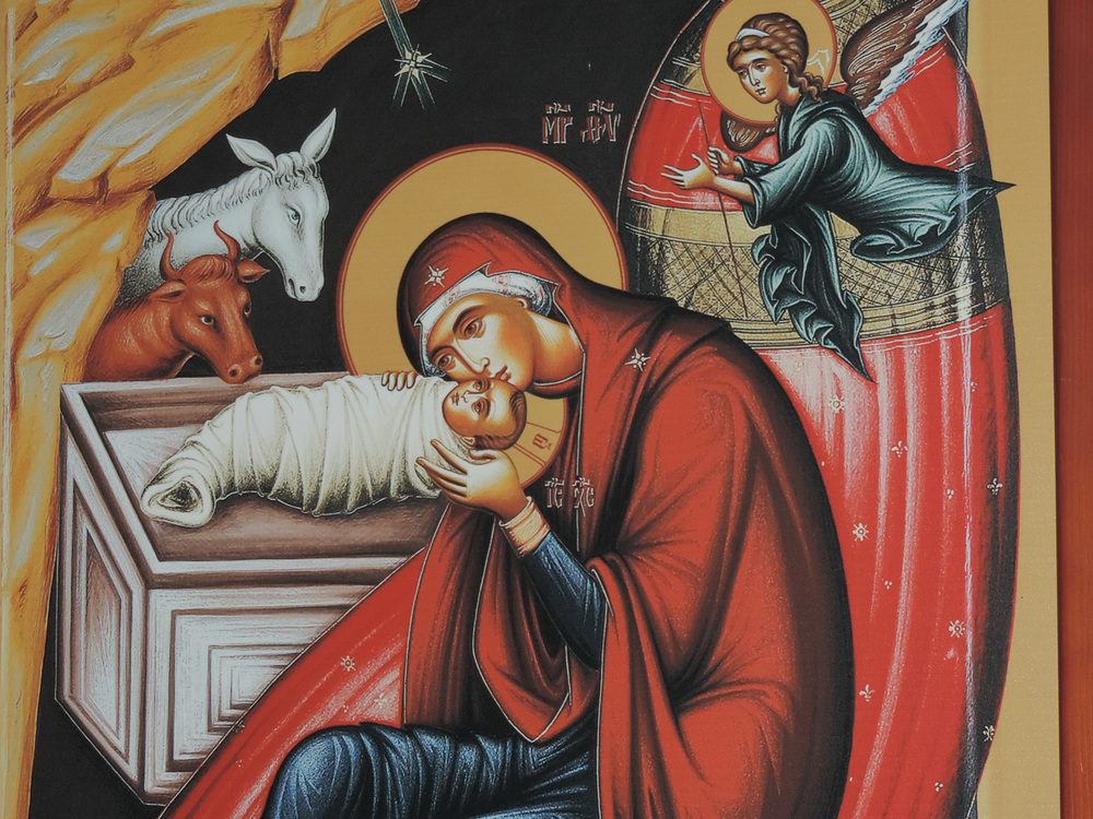 Maria liebkost Jesuskind / kathbild.at/Rupprecht, Franz Josef Rupprecht Ikone Weihnachten / Geburt Christi, die Gottesmutter Maria liebkost das Jesuskind