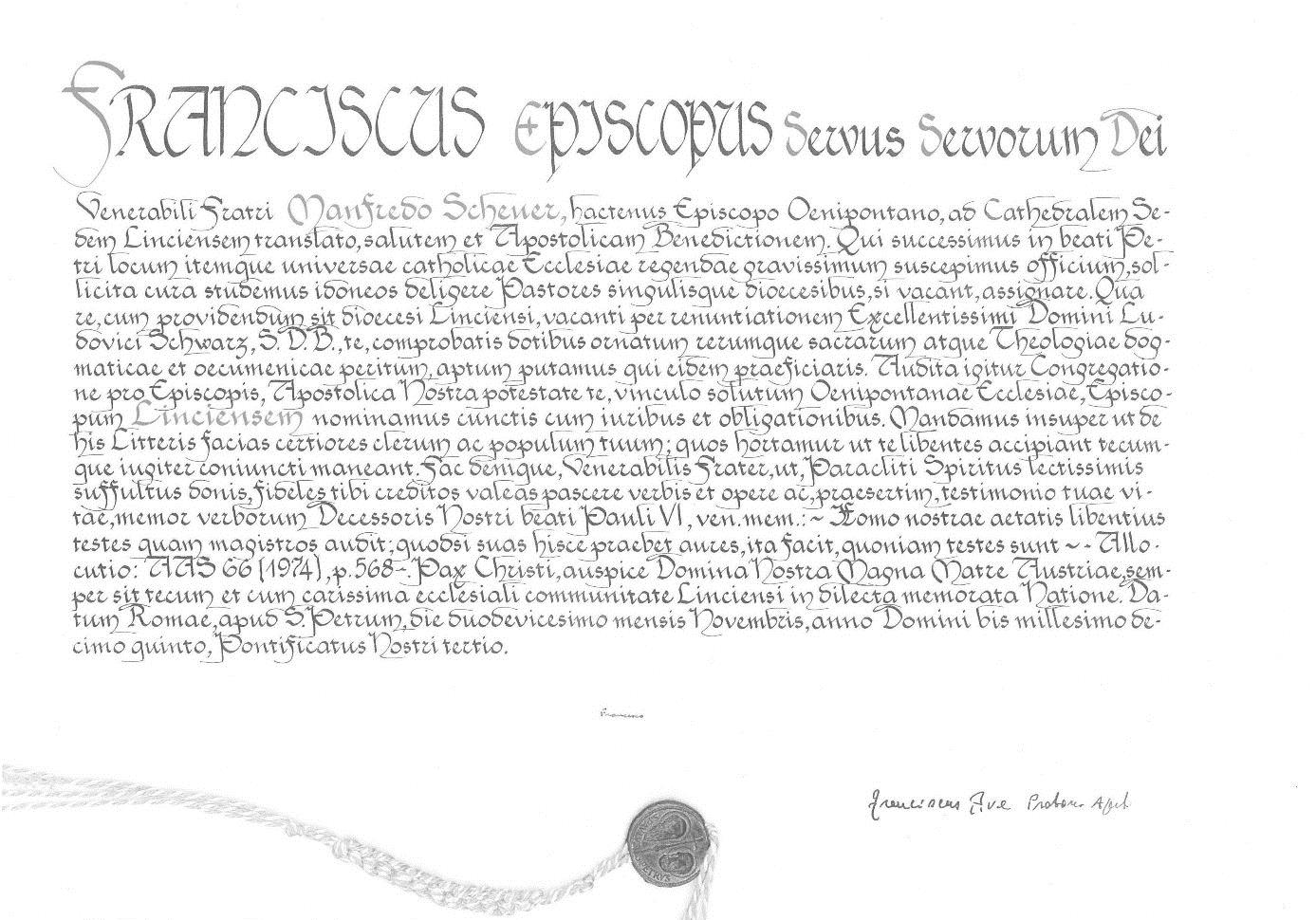 Apostolisches Schreiben zur Ernennung von Manfred Scheuer / Vatikan Apostolisches Schreiben zur Ernennung von Manfred Scheuer